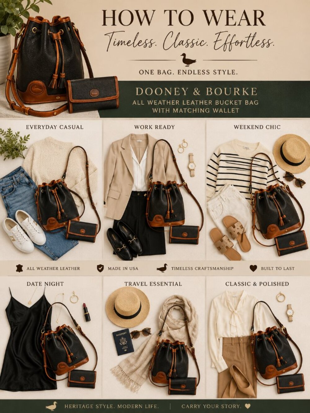 Vintage Dooney & Bourke AWL Leather Black & Tan Bucket Bag with Matching Wallet - Picture 2 of 14